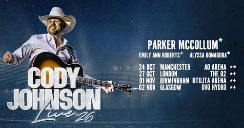 Cody Johnson Live '26 Parker McCollum, Cody Johnson, Emily Ann Roberts, Alyssa Bonagura october 2026 to november 2026 tour poster