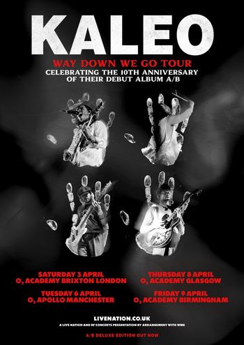 KALEO WAY DOWN WE GO TOUR CELEBRATING THE 10TH ANNIVERSARY OF THEIR DEBUT ALBUM A/B Kaleo april 2026 tour poster
