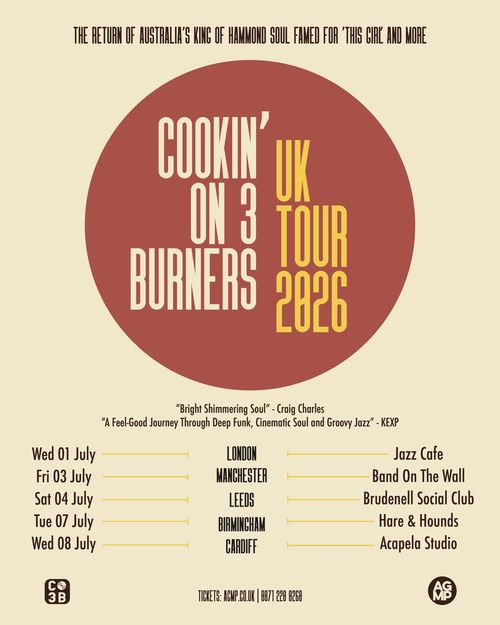 Cookin' On 3 Burners UK Tour 2026 Cookin’ on 3 Burners july 2026 tour poster
