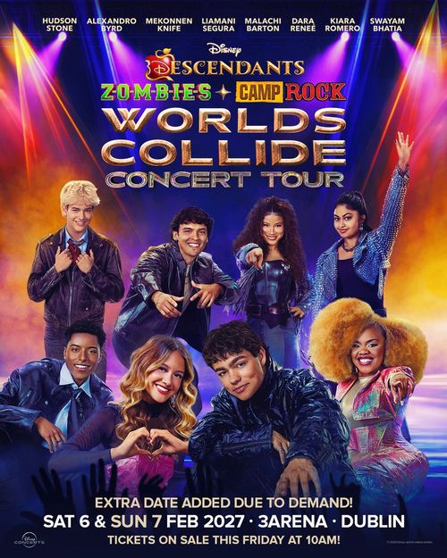 Descendants Zombies Camp Rock Worlds Collide Concert Tour Liamani Segura, Mekonnen Knife, Malachi Barton, Kiara Romero, Dara Renee, Hudson Stone, Alexandro Byrd, Swayam Bhatia february 2027 tour poster