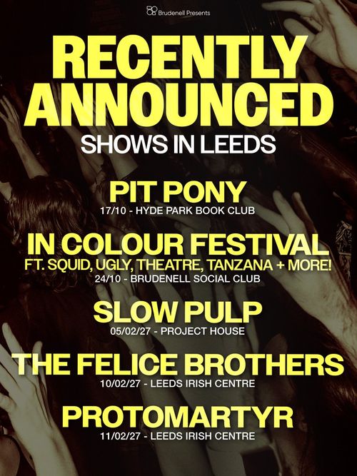 Recently Announced Shows in Leeds Protomartyr, Pit Pony, Slow Pulp, The Felice Brothers, IN COLOUR FESTIVAL october 2026 to february 2027 tour poster