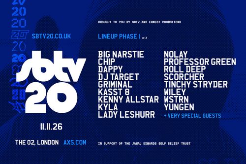 SBTV 20 Professor Green, Kenny Allstar, Big Narstie, Wiley, DJ Target, Griminal, Yungen, No Lay, Kasst 8, WSTRN, Tinchy Stryder, Dappy, Lady Leshurr, Scorcher, Roll Deep, Kyla, Chip at The O2 on 2 November 2026 gig poster