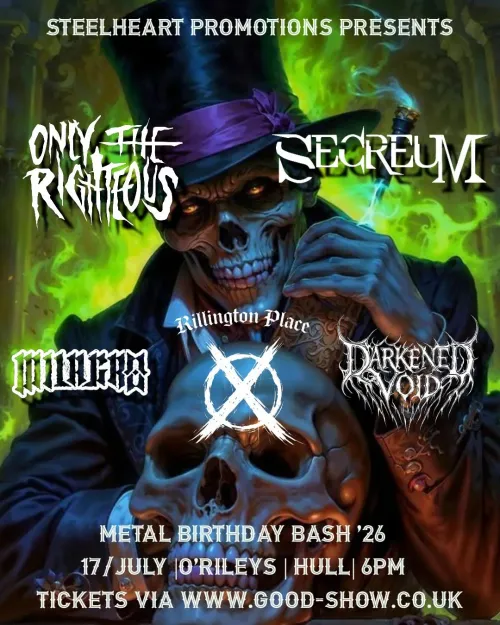 METAL BIRTHDAY BASH '26 Mildred, Darkened Void, Rillington Place, Only The Righteous, Secreum at O'Rileys on 17 July 2026 gig poster