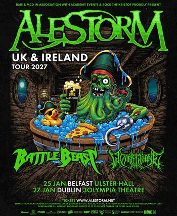 Alestorm UK & Ireland Tour 2027 Mantarothian, Alestorm, Battle Beast, Battle Beast, Alestorm january 2027 tour poster