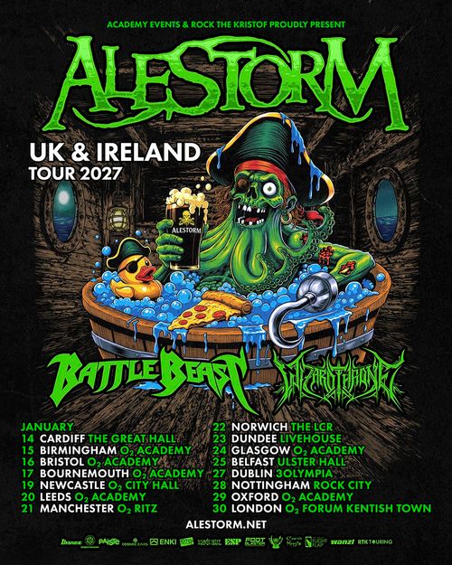 Alestorm UK & Ireland Tour 2027 Battle Beast, Wizardthrone, Alestorm january 2027 tour poster