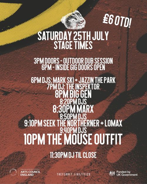 THE MOUSE OUTFIT Jonny Rockers Sound System, Koj, AyiTe, DONNIE DANKO, SEEK THE NORTHERNER, Lomax, KIPPAX, Marx, BIG GEN, THE INSPEKTOR, DJ Mark Ski, BILLY JAZZIN, Mark Ski, Jazzin The Park at The Ferret on 25 July 2026 gig poster