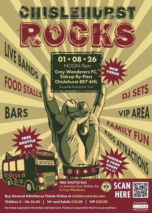 CHISLEHURST ROCKS DJ Sets, Live Bands at Cray Wanderers FC on 1 August 2026 gig poster