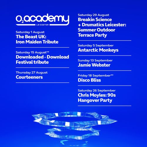 O2 Academy Leicester Live Music Events Antarctic Monkeys, Jamie Webster, Chris Moyles: 90s Hangover Party, Courteeners, Breakin Science + Drumatics Leicester: Summer Outdoor Terrace Party, The Beast UK: Iron Maiden Tribute, Disco Bliss, Downloaded - Download Festival tribute august 2026 to september 2026 tour poster