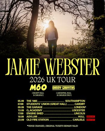 JAMIE WEBSTER 2026 UK TOUR Jamie Webster at Engine Shed on 17 September 2026 gig poster