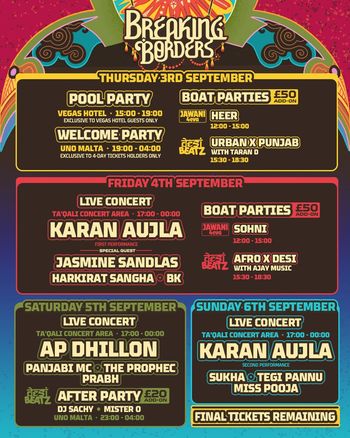 Breaking Borders Karan Aujla, Prabh, Desi Beatz, Sohni, Urban X Punjab, Afro X Desi, Jawani 4eva, Mister O, DJ Sachy, Miss Pooja, Jasmine Sandlas, Harkirat Sangha, The PropheC, Panjabi MC, Heer, Tegi Pannu, AP Dhillon, Sukha, BK september 2026 tour poster