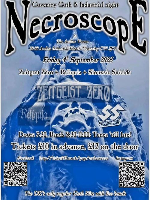 NecroscopE Zeitgest Zero, Siouxsie Suicide, Reliquia at The Arches Venue on 4 September 2026 gig poster