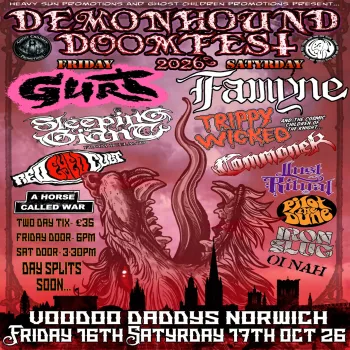 Demonhound Doom Fest 2026 Iron Slug, Sleeping Giant from Iceland, Hommurder, Oi Nah, Red Eyed Cult, Pilot the Dune, A Horse Called War, Trippy Wicked & the Cosmic Children of the Knight, Lust Ritual, GUTS, Famine october 2026 tour poster