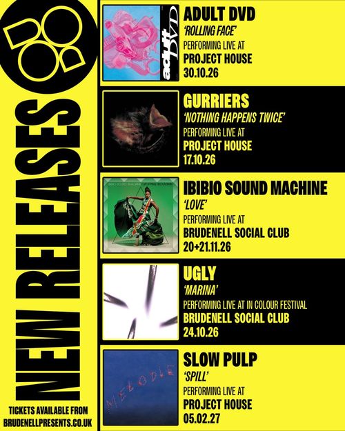 BOODO NEW RELEASES Gurriers, Ugly, Adult DVD, Slow Pulp, Ibibio Sound Machine october 2026 to february 2027 tour poster