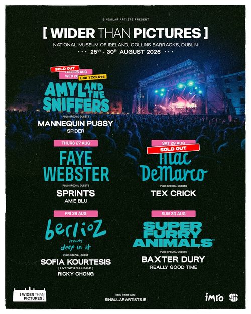 WIDER THAN PICTURES Tex Crick, RICKY CHONG, Baxter Dury, SPRINTS, Faye Webster, Mac DeMarco, Super Furry Animals, Sofia Kourtesis, Mannequin Pussy, Amyl and the Sniffers, berlioz presents deep in it, Spider, Amie Blu august 2026 tour poster
