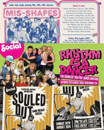 MIS-SHAPES indie club night playing 80s, 90s, 00s classics MIS-SHAPES, Souled Out, Rhythm Is A Dancer august 2026 tour poster