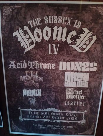 The Sussex Is Doomed IV Acid Throne, OKAY YOU WIN, Mourn Flag, Cruel Mother, wrench, W.A.N.E., Matter, Dunes october 2026 tour poster