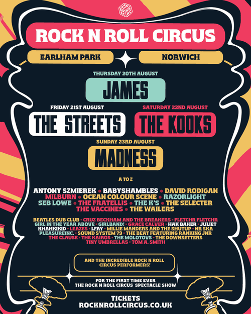 Rock N Roll Circus The Kooks, Madness, The Streets, James august 2026 tour poster