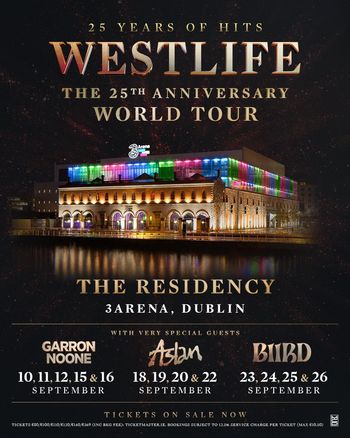 Westlife 25 Years of Hits The 25th Anniversary World Tour Westlife, Garron Noone, Aslan, BIIRD september 2026 tour poster