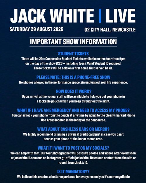 Jack White at O2 City Hall on 29 August 2026 gig poster