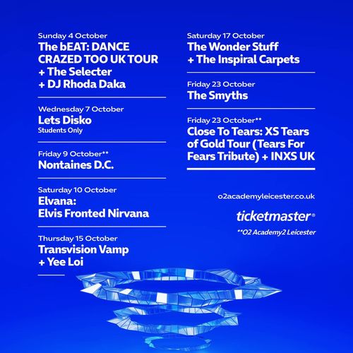The bEAT: DANCE CRAZED TOO UK TOUR + The Selecter + DJ Rhoda Daka The Selecter, Inspiral Carpets, Elvana: Elvis Fronted Nirvana, The Wonder Stuff, Yee Loi, The Smyths, Transvision Vamp, nontaines d.c., INXS UK, Lets Disko, The bEAT: DANCE CRAZED TOO UK TOUR, Close To Tears: XS Tears of Gold Tour (Tears For Fears Tribute), DJ Rhoda Daka october 2026 tour poster