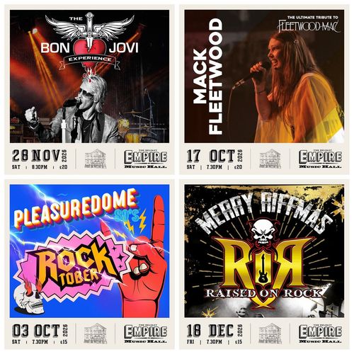 Live Music Events at The Belfast Empire Music Hall MACK FLEETWOOD, Pleasuredome 80's Rocktober, The Bon Jovi Experience, Merry Riffmas Raised On Rock october 2026 to december 2026 tour poster