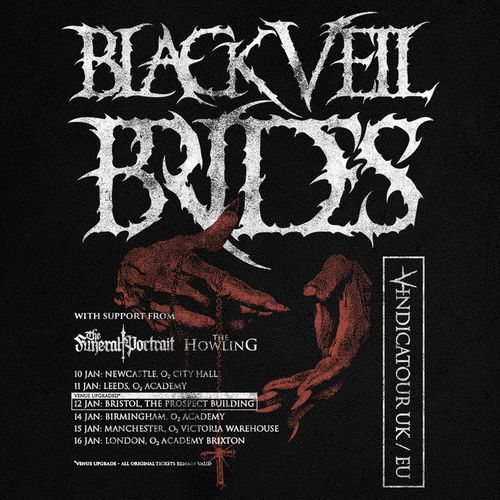 Black Veil Brides - VENDICATOUR UK / EU The Funeral Portrait, The Howling, Black Veil Brides january 2026 tour poster