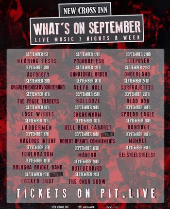 What's On September - Live Music 7 Nights a Week Autocopy, THE POGUE TRADERS, Bulldoze, Funebrarum, Unnatural Order, Skunkworm, HEARING TESTS, Mantra, LOCKED SHUT, Last Wishes, The Surfrajettes, Dead Bob, SPREAD EAGLE, EELS! EELS! EELS!, Robert Arkin's Commitments, Hell Bent Cabaret, The Onur Show, Poundaflesh, stepover, Aleph Null, Laddermen, urgirlfriendsfavouriteband, Underland, Mumble, Butcherbird, Rageous Intent, Bologna Bridge Band, Bandage september 2026 tour poster