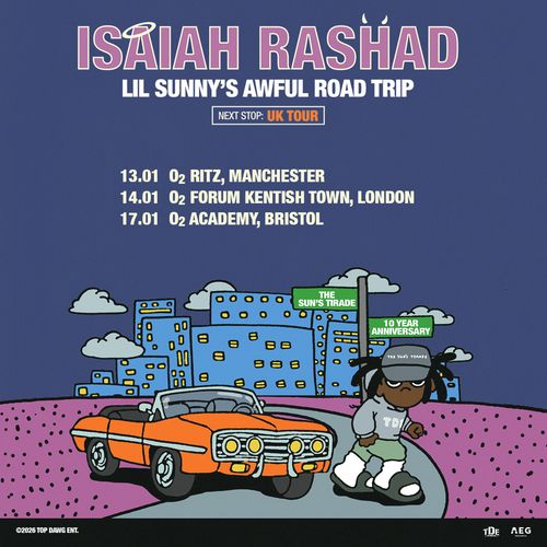 ISAIAH RASHAD LIL SUNNY'S AWFUL ROAD TRIP NEXT STOP: UK TOUR Isaiah Rashad january 2027 tour poster