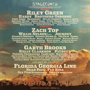 Stagecoach California's Country Music Festival STELLA LEFTY, Dylan Gossett, Brothers Osborne, HARDY, Kaitlin Butts, Journey, Stephen Wilson Jr, Waylon Wyatt, The Fray, Zach Top, Shaboosey, Cameron Whitcomb, Elizabeth Nichols, Pitbull, Garth Brooks, Jason Scott & The High Heat, Buffalo Traffic Jam, Jacob Hackworth, Willie Nelson & Family, ERNEST, Mackenzie Carpenter, Carter Faith, Vincent Mason, Gretchen Wilson, Cody Jinks, Maoli, Jonas Conner, David Lee Roth, Melissa Etheridge, Owen Riegling, Carín León, Matchbox Twenty, Blake Whitten, Dalton Davis, Charley Crockett, Laci Kaye Booth, Ingrid Andress, Chris Lane, Dylan Marlowe, Tyler Nance, Maggie Antone, Gustavo Mioto, Mack Geiger, Turnpike Troubadours, Jo Dee Messina, Joshua Slone, Kelly Clarkson, Tyce Delk, Wade Forster, Tedeschi Trucks Band, Riley Green, Hudson Westbrook, Kevin Powers, Dasha april 2026 tour poster