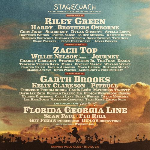 Stagecoach California's Country Music Festival STELLA LEFTY, Dylan Gossett, Brothers Osborne, HARDY, Kaitlin Butts, Journey, Stephen Wilson Jr, Waylon Wyatt, The Fray, Zach Top, Shaboosey, Cameron Whitcomb, Elizabeth Nichols, Pitbull, Garth Brooks, Jason Scott & The High Heat, Buffalo Traffic Jam, Jacob Hackworth, Willie Nelson & Family, ERNEST, Mackenzie Carpenter, Carter Faith, Vincent Mason, Gretchen Wilson, Cody Jinks, Maoli, Jonas Conner, David Lee Roth, Melissa Etheridge, Owen Riegling, Carín León, Matchbox Twenty, Blake Whitten, Dalton Davis, Charley Crockett, Laci Kaye Booth, Ingrid Andress, Chris Lane, Dylan Marlowe, Tyler Nance, Maggie Antone, Gustavo Mioto, Mack Geiger, Turnpike Troubadours, Jo Dee Messina, Joshua Slone, Kelly Clarkson, Tyce Delk, Wade Forster, Tedeschi Trucks Band, Riley Green, Hudson Westbrook, Kevin Powers, Dasha april 2026 tour poster
