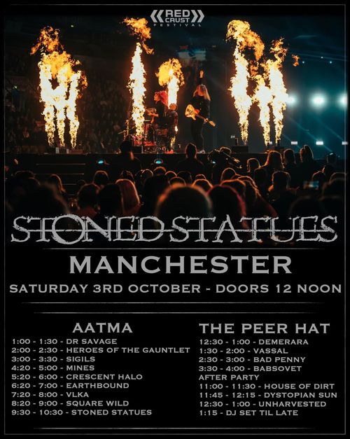 STONED STATUES Earthbound., DR SAVAGE, THE PEER HAT, SQUARE WILD, DEMERARA, BAD PENNY, AATMA, VASSAL, VLKA, DJ SET TIL LATE, HOUSE OF DIRT, HEROES OF THE GAUNTLET, UNHARVESTED, CRESCENT HALO, DYSTOPIAN SUN, Babsovet, SIGILS, The Mines at The Peer Hat on 3 October 2026 gig poster