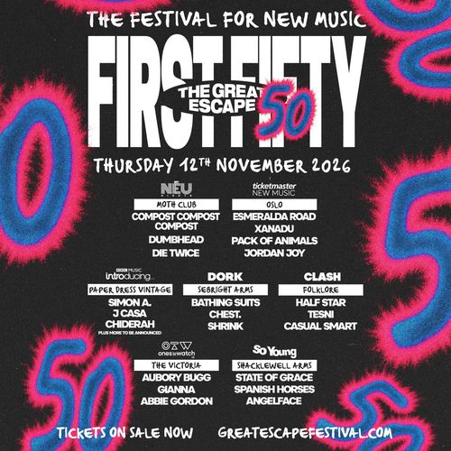 FIRST FIFTY - THE GREAT ESCAPE DIE TWICE, COMPOST COMPOST, Dumbhead, DUMBBEAD, Esmeralda Road, Xanadu, Pack of Animals, Joy Jordan, simon a., J CASA, CHIDERAH, Aubory Bugg, Gianna, abbie gordon, Bathing Suits, Chest, Shrink, HALF STAR, Tesni, casual smart, STATE OF GRACE, Spanish Horses, ANGELFACE at MOTH CLUB on 12 November 2026 gig poster