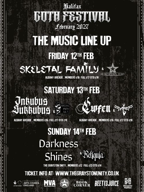 Halifax Goth Festival February 2027 Skeletal Family, Social Youth Cult, Reliqua, Darkness Shines, Redemption Zero, Denyloca, Ewfen, Inkubus Sukkubus february 2027 tour poster