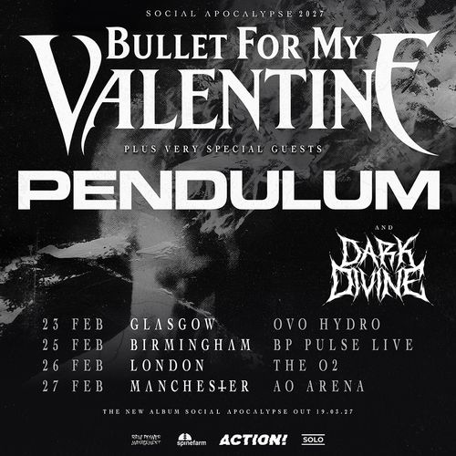 Bullet For My Valentine Social Apocalypse 2027 Pendulum, Dark Divine, Bullet for My Valentine february 2027 tour poster