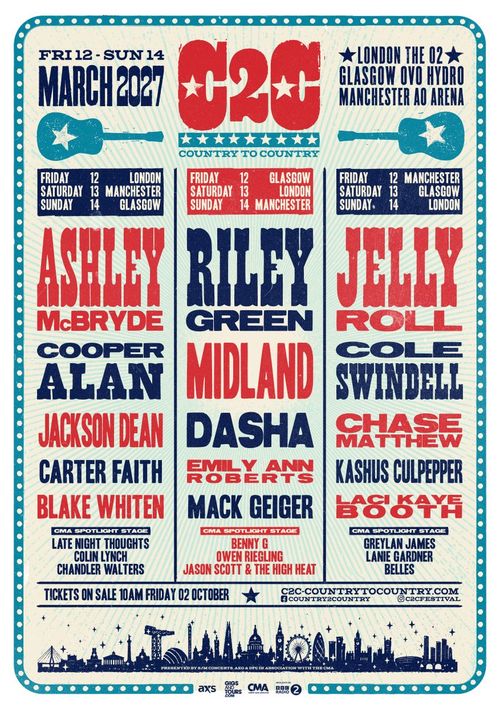 C2C Country to Country Chandler Walters, Colin Lynch, Jackson Dean, Carter Faith, Riley Green, Mack Geiger, Midland, Ashley McBryde, Emily Ann Roberts, Owen Riegling, Cole Swindell, Jelly Roll, Laci Kaye Booth, Chase Matthew, Lanie Gardner, Belles, Kashus Culpepper, Jason Scott & The High Heat, Cooper Alan, Late Night Thoughts, Blake Whiten, Greylan James, Benny G, Dasha march 2027 tour poster