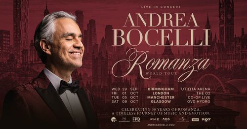 Andrea Bocelli Romanza World Tour Andrea Bocelli september 2026 to october 2026 tour poster