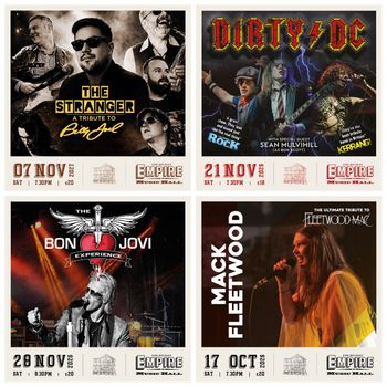 Classic Rock tributes all Autumn with all your favourites! MACK FLEETWOOD, Dirty DC, The Bon Jovi Experience, The Stranger october 2026 to november 2026 tour poster