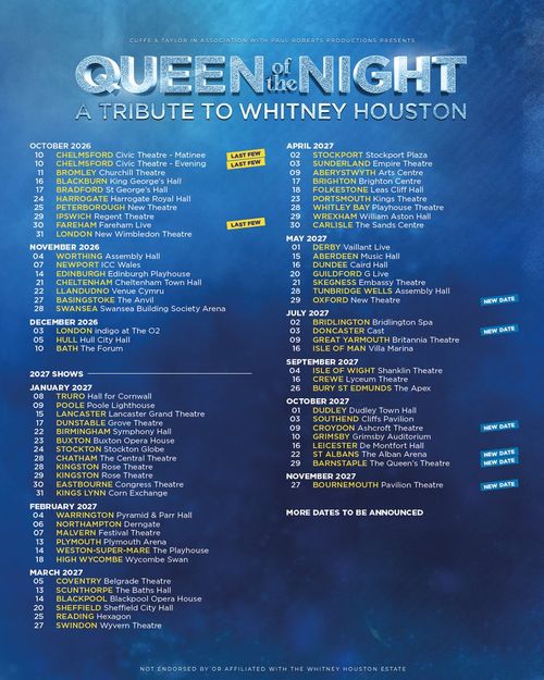 Queen of the Night - A Tribute to Whitney Houston Queen of the Night october 2026 to november 2027 tour poster