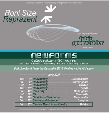 Roni Size Reprazent - newforms Celebrating 30 years of the Classic Mercury Prize winning album FABIO & GROOVERIDER, Roni Size / Reprazent at Canons Marsh Amphitheatre on 25 June 2027 gig poster