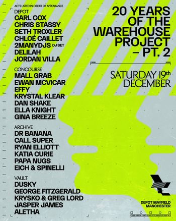 20 Years of The Warehouse Project - Pt. 2 Seth Troxler, Gina Breeze, Delilah, Krystal Klear, Carl Cox, Aletha, Dusky, Chloé Caillet, Dan Shake, Ewan McVicar, Jordan Villa, George FitzGerald, Call Super, Chris Stassy, 2ManyDJs DJ Set, Krysko & Greg Lord, Eich & Spinelli, Mall Grab, Jasper James, Katia Curie, Dr Banana, Ryan Elliott, Papa Nugs, Ella Knight, Effy at Depot Mayfield on 19 December 2026 gig poster