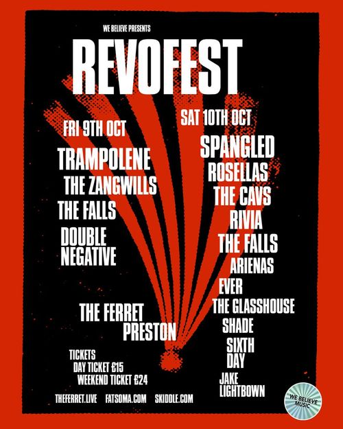 REVOFEST The Zangwills, The Cavs, RIVIA, Trampolene, Falls, Shade, Double Negative, EVER, The Glasshouse, SIXTH DAY, Spangled Rosellas, Jake Lightbown, Arienas, Flair, SKAL, Spangled, Rosellas, The Velvet Hands, STRATA october 2026 tour poster