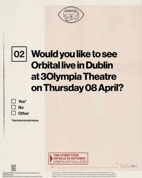 Orbital live in Dublin Orbital at 3Olympia Theatre on 8 April 2027 gig poster