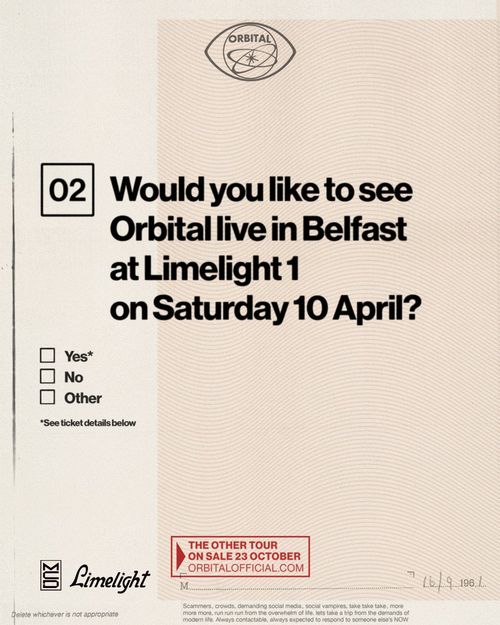Orbital - The Other Tour Orbital at Limelight 1 on 10 April 2027 gig poster