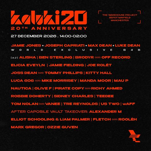 kaluki20 20th Anniversary ALISHA, JAMIE FIELDING, Max Dean, Luke Dean, Joseph Capriati, Elliot Schooling, Robbie Doherty, Joss Dean, Sidney Charles, Liam Palmer, Brodyr, Vanee, Nautica, Joe Rolét, Elicia Evelyn, Fletch, Mark Gregor, Ozzie Guven, Manda Moor, US Two, wAFF, Alexander M, Luca 606, Tre Reynolds, Tom Nolan, Teedee, Rooléh, Olive F, Kitty Hall, Pirate Copy, Mau P, Richy Ahmed, Ben Sterling, Mike Morrisey, Tommy Phillips, Jamie Jones at Depot Mayfield on 27 December 2026 gig poster