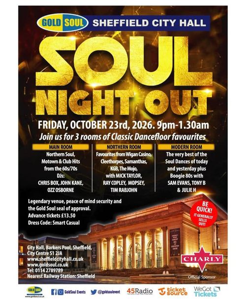 SOUL NIGHT OUT OZZ OSBORNE, TIM RABJOHN, JULIE H, CHRIS BOX, RAY COPLEY, Mopsey, Tony B, Sam Evans, Mick Taylor, John Kane at Sheffield City Hall on 23 October 2026 gig poster