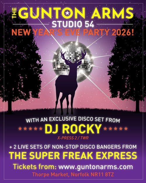 NEW YEAR'S EVE PARTY 2026! THE SUPER FREAK EXPRESS, DJ Rocky at The Gunton Arms on 31 December 2026 gig poster